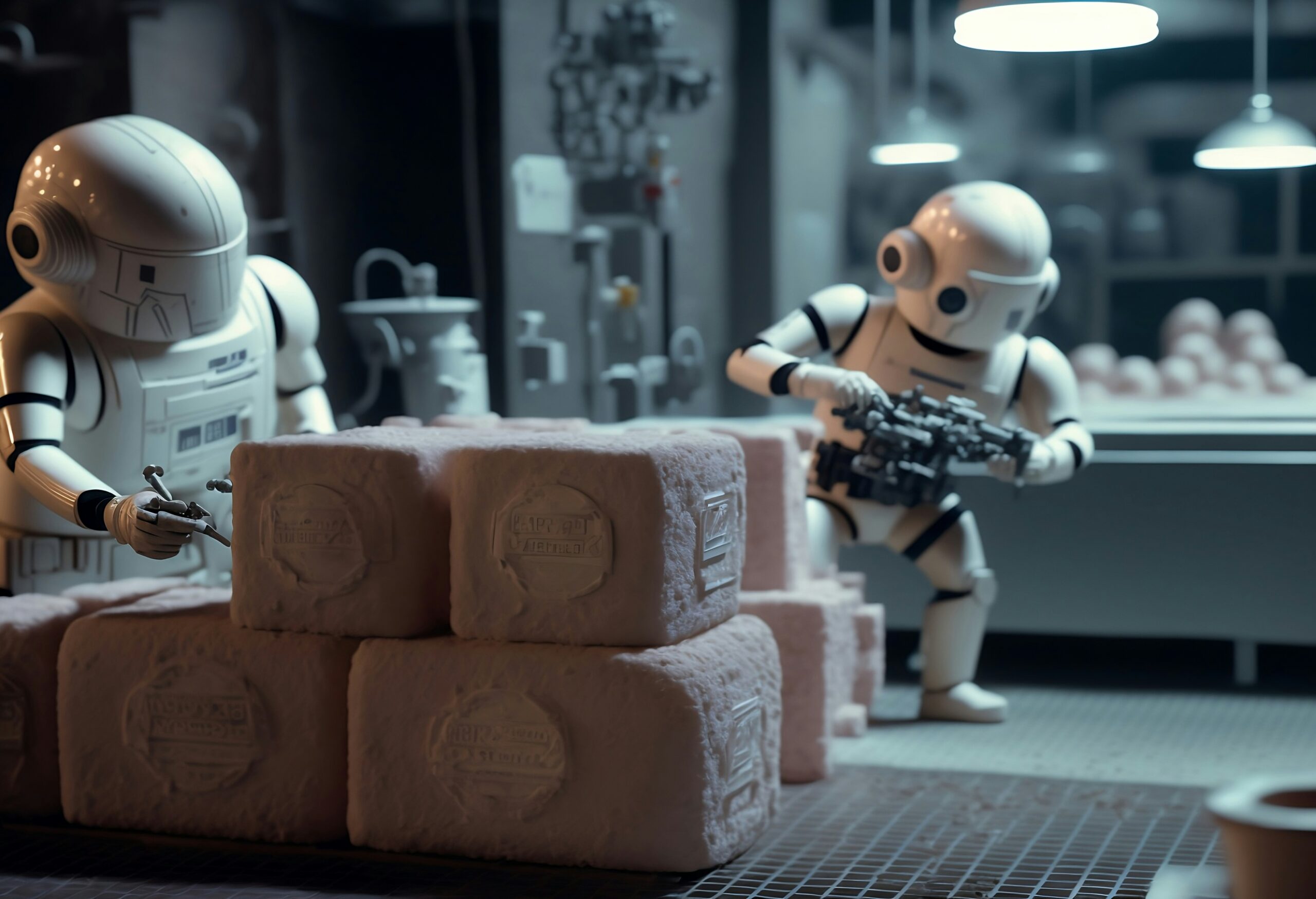 A robot holding a gun next to a pile of rolls of toilet paper photo - public interest law